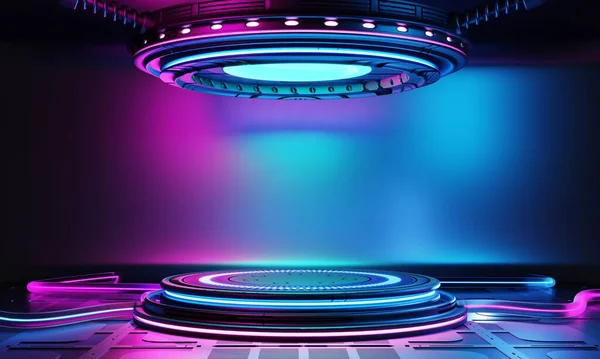 赛博朋克科幻产品平台展示会在空房间与蓝色和粉色背景 技术和娱乐物体的概念 3D插图渲染 — 图库照片