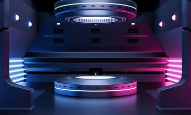 Mavi ve pembe arka planlı boş uzay gemisi odasında siberpunk bilim kurgu ürün podyumu. Kozmos uzay teknolojisi ve eğlence objesi kavramı. 3B illüstrasyon oluşturma