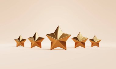 Five golden stars feedback rank vote on orange background. Opinion and marketing survey concept. 3D illustration rendering