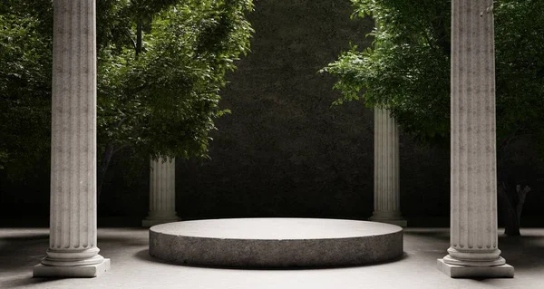 Korint sütunları ve gölgeli doğal ağaçları olan yuvarlak taştan bir platform. Reklam konsepti için tarihi ve tarihi bir obje. 3B illüstrasyon oluşturma