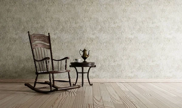 木製の床と生のコンクリートの背景に古典的なリビングルームの古い椅子 ヴィンテージインテリアとアチチュアコンセプト 3Dイラストレンダリング — ストック写真