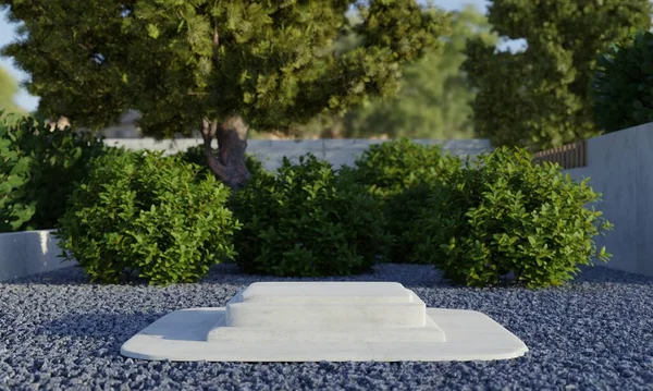 Platform Podium Batu Persegi Panjang Dengan Pohon Hijau Alami Taman — Stok Foto
