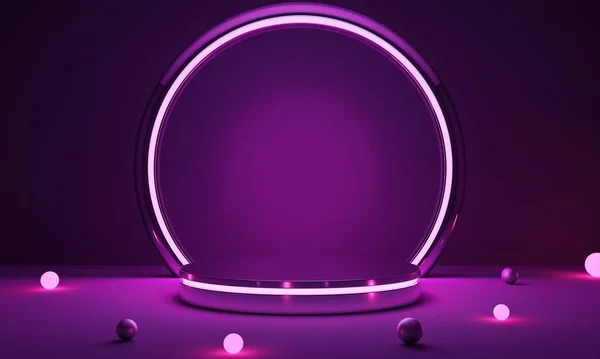 Cyberpunk Pink Empty Podium Glowing Lamp Dark Product Presentation Technology — Fotografia de Stock