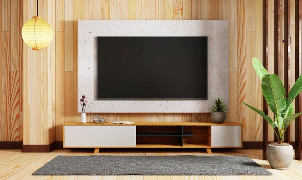壁の背景にテレビのモックアップをぶら下げて日本スタイルのモダンなリビングルーム インテリアと建築のコンセプト 3Dイラストレンダリング — ストック写真