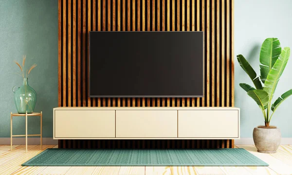 壁の背景にテレビのモックアップをぶら下げて日本スタイルのモダンなリビングルーム インテリアと建築のコンセプト 3Dイラストレンダリング — ストック写真