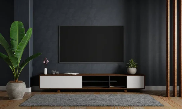 Modern Mockup Televion Hanging Dark Blue Wall Background Wtih Wooden — Stock fotografie