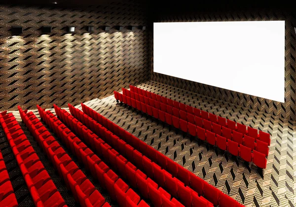 Prázdná Bílá Zářivá Filmová Obrazovka Realistickými Červenými Řadami Sedadel Židlí — Stock fotografie