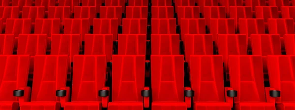 コピースペースバナーの背景と映画館で映画を見て赤いベルベットのシートの行 エンターテインメントと演劇のコンセプト 3Dイラストレンダリング — ストック写真