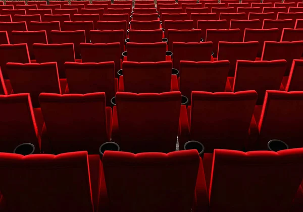 Rangkaian Kursi Beludru Merah Menonton Film Bioskop Dengan Latar Belakang — Stok Foto