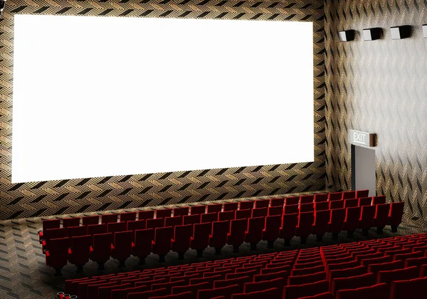 Blank White Luminous Cinema Movie Theatre Screen Realistic Red Rows — Stock Photo, Image