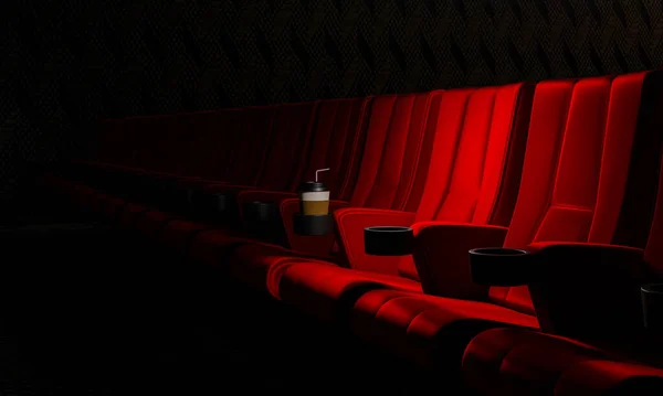 Fileiras Assentos Veludo Vermelho Assistindo Filmes Cinema Com Fundo Banner — Fotografia de Stock