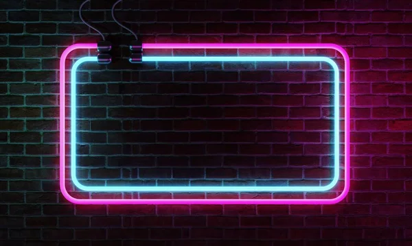 Neon Skylt Banner Med Kopieringsutrymme Tegel Vägg Bakgrund Abstrakt Konst — Stockfoto