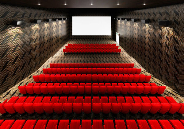 Blank White Luminous Cinema Movie Theatre Screen Realistic Red Rows Stock Image