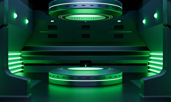 Cyberpunk Sci Product Podium Showcase Spaceship Green Neon Lighting Background Stock Picture