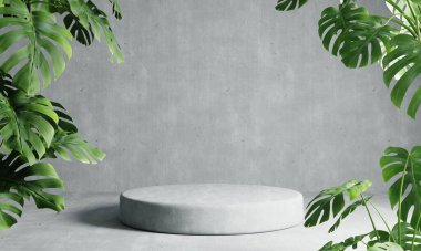 Gri çatı katının arka planında Monstera bitki önplanıyla birlikte yuvarlak bir podyum. Soyut duvar kağıdı şablon elementi ve mimari iç nesne kavramı 3D resimleme