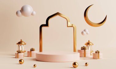 Ramazan ayında minimum ürün podyumu veya mercan rengi arka planında Kurban Bayramı İslami kültür tarzı. Tatil ve Arap festivali konsepti. 3B illüstrasyon oluşturma