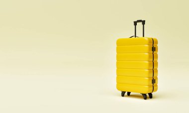 Arka planda sarı tramvay valizi. Seyahat objesi ve seyahat tutkusu kavramı. 3B illüstrasyon oluşturma