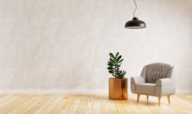 Evinde fotokopi duvarı arka planı olan rahat koltuklu modern oturma odası. İç mimari konsepti. 3B illüstrasyon oluşturma