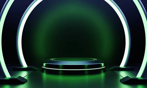 Modernes Rundes Produkt Präsentiert Sci Podium Mit Grün Leuchtendem Neonrahmen — Stockfoto