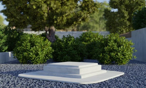 影の背景と裏庭の自然の緑の木と長方形の石の表彰台プラットフォーム 自然と広告コンセプトのためのオブジェクト 3Dイラストレンダリング — ストック写真