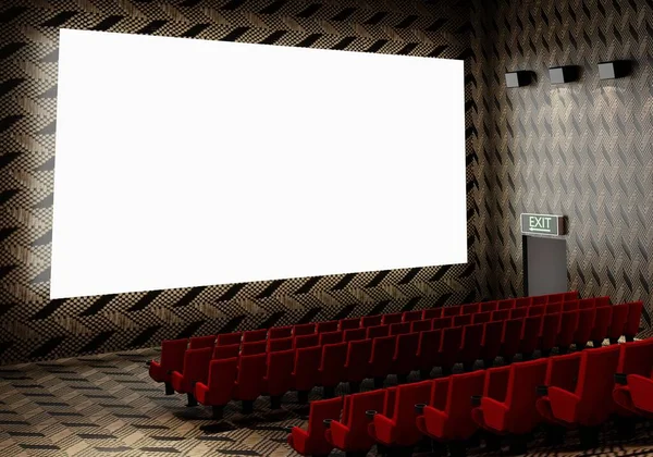 Prázdná Bílá Zářivá Filmová Obrazovka Realistickými Červenými Řadami Sedadel Židlí — Stock fotografie