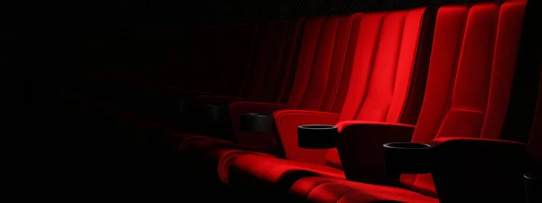 Rows of red velvet seats watching movies in the cinema with copy space banner background. Entertainment and Theater concept. 3D illustration rendering