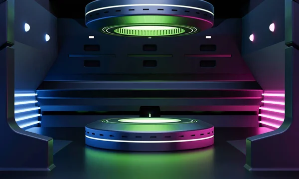 赛博朋克科幻产品平台展示在绿色蓝色和粉色霓虹灯背景的宇宙飞船上 技术和对象概念 3D插图渲染 — 图库照片