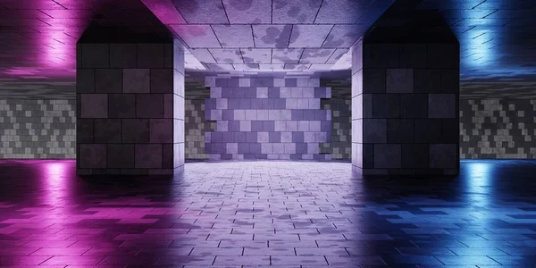 レトロなタイルの壁と青と紫ピンクのネオンライトの背景を持つ空の部屋 広告コンセプトのための抽象アーキテクチャとサイバー技術 3Dイラストレンダリング — ストック写真