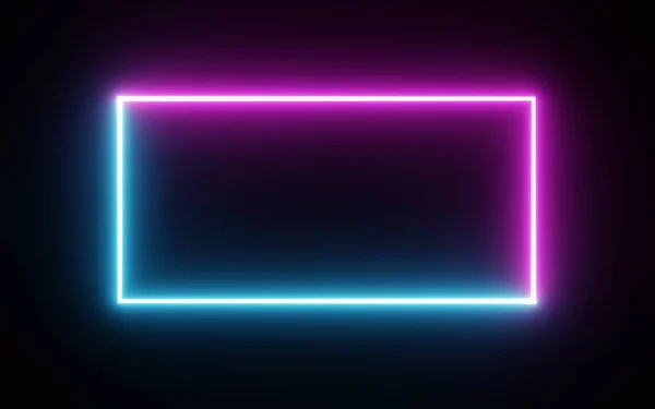 矩形正方形相框 在孤立的黑色背景上带有双色调霓虹灯色运动图形 蓝光和粉红光对叠加元件的作用 3D插图渲染 中间的空白复制空间 — 图库照片