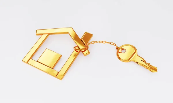 Rantai Kunci Emas Dengan Rumah Modern Emas Pemegang Kunci Pada — Stok Foto
