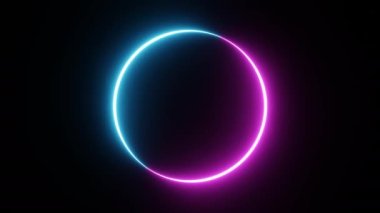 İzole edilmiş siyah arkaplanda iki ton neon renkli hareket grafikli kusursuz yuvarlak daire resim çerçevesi. Mavi ve pembe ışık üst üste elementi için hareket ediyor. 4K video hareketi grafiği