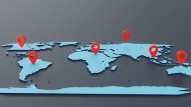 Kusursuz döngü konumlama pin sembolü yukarı sıçrıyor ve dünya haritasının arka planında zıplıyor. İmza ve sembol kavramı. 4K görüntü videosu