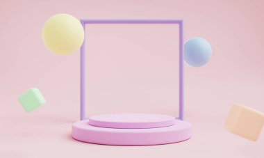 Pastel renklerde soyut geometrik şekil ve ürün podyum sunumu için çerçeve. Sanat ve Renk konsepti. 3B illüstrasyon oluşturma
