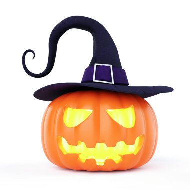 Cadılar Bayramı Jack O Lantern balkabağı içinde mum ışığı ve izole beyaz arka planda cadı şapkası. Nesne ve tatil festivali konsepti. 3B illüstrasyon oluşturma
