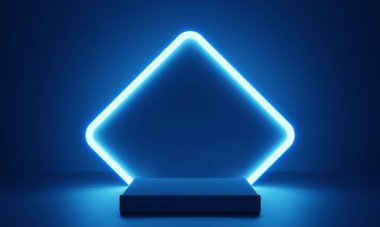 Ürün sunumu için karanlıkta parlayan lamba çerçeveli siber punk mavisi boş podyum. Teknoloji ve bilim kurgu kavramı. 3B illüstrasyon oluşturma