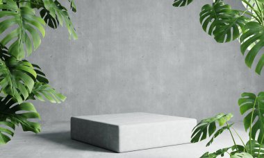 Monstera bitki önplanlı gri tavan arası renk arka planında bir dikdörtgen podyum. Soyut duvar kağıdı şablon elementi ve mimari iç nesne kavramı 3D resimleme