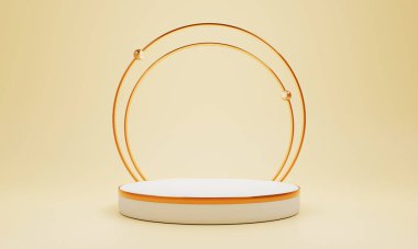 Minimum ürün podyum sahnesi, sarı pastel renkli ve geometrik şekilli altın halka çerçeveli sunum arkaplanı. Soyut arkaplan ve dekorasyon sahne şablonu. 3B illüstrasyon oluşturma