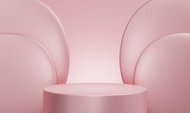 Minimum ürün kürsüsü, metalik pastel pembe renkli ve geometrik şekilli sunum arka planı. Soyut arkaplan ve dekorasyon sahne şablonu. 3B illüstrasyon oluşturma