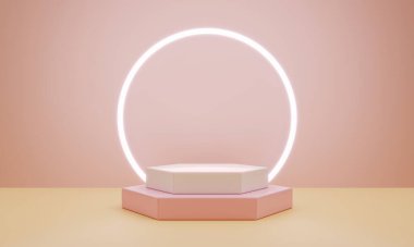 Minimum ürün podyum sahnesi, halka açık renginde, pembe mercan renginde ve geometrik altıgen şeklinde sunum arka planında. Soyut arkaplan ve dekorasyon şablonu. 3B illüstrasyon oluşturma
