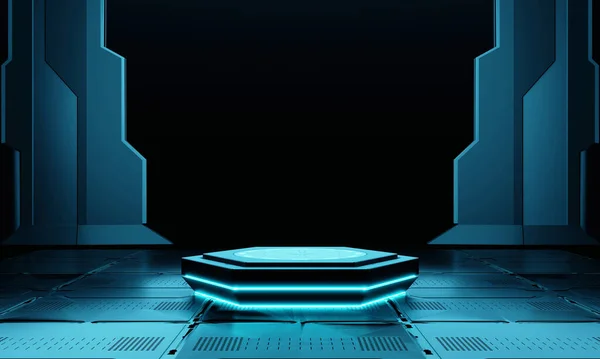 製品発表のための輝く光と暗い宇宙船でサイバーパンクブルー空六角形の表彰台 技術とSfの概念 3Dイラストレンダリング — ストック写真