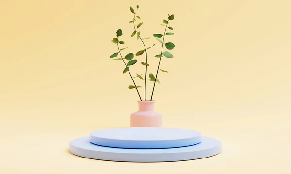 Biru Pastel Podium Dengan Vas Tanaman Rumah Pada Latar Belakang — Stok Foto
