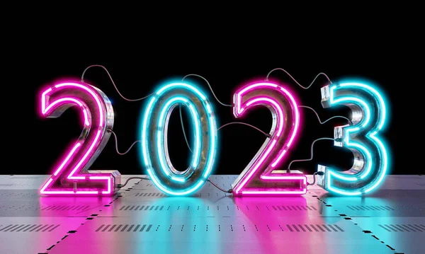 2023 Neon Lighting Metallic Floor Background Technology Abstract Wallpaper Concept — Stock Photo, Image
