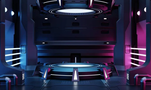 赛博朋克科幻产品平台展示在一个蓝色和粉色背景的空荡荡的宇宙飞船房间里 宇宙空间技术和娱乐物体的概念 3D插图渲染 — 图库照片