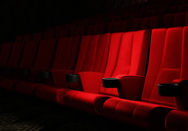 Rows Red Velvet Seats Watching Movies Cinema Copy Space Banner — Stockfoto