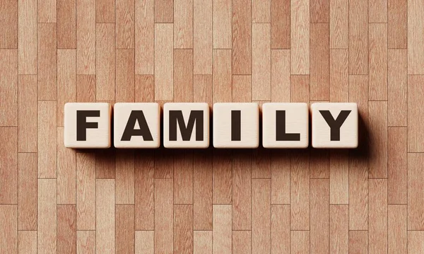 ラミネートの背景を持つ家族の木製の単語ブロックキューブ 関係性と対象概念 3Dイラストレンダリング — ストック写真