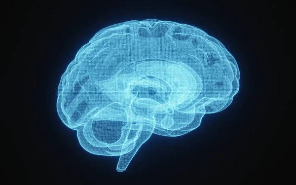 Zole Edilmiş Siyah Arka Planda Insan Beyninin Mavi Kabloyla Parlayan — Stok fotoğraf