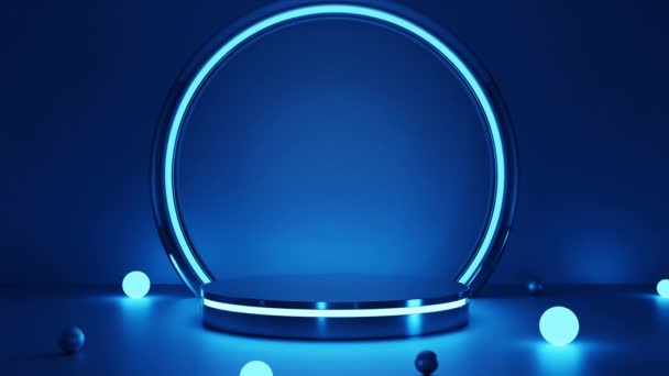 Seamless Looping Cyberpunk Blue Empty Podium Glowing Lamp Dark Product — Vídeo de Stock