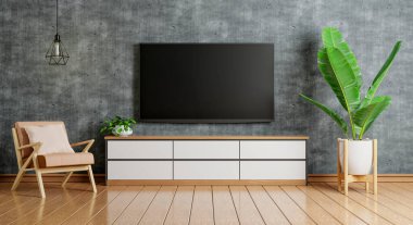 TV above wooden cabinet in modern empty room with chair plants carpet and lamp on floor wooden. Architecture and interior concept. 3D illustration rendering