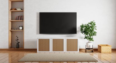 Modern boş odada, ahşap dolabın üstünde televizyon, kitap rafı sepetleri ve yerdeki ahşap halılarla. Mimari ve iç mekan konsepti. 3B illüstrasyon oluşturma