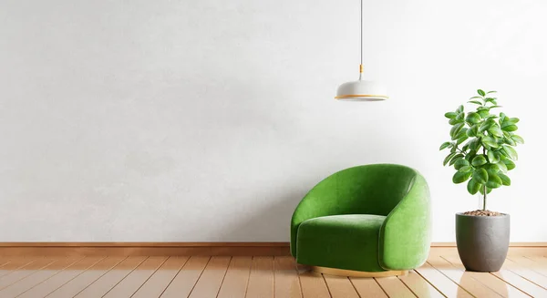 Green Armchair Empty Wall Plants Lamp Modern Room Wooden Background — ストック写真